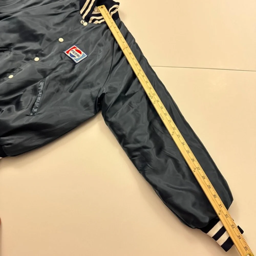 Vintage‎ Pepsi Cola Patch Satin Snap Button Bomber Jacket Navy Blue Medium